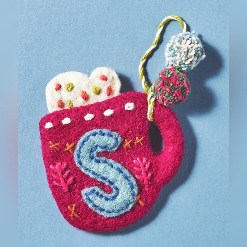Anthropologie S wool Snow Day Monogram Ornament gift christmas holiday pompom